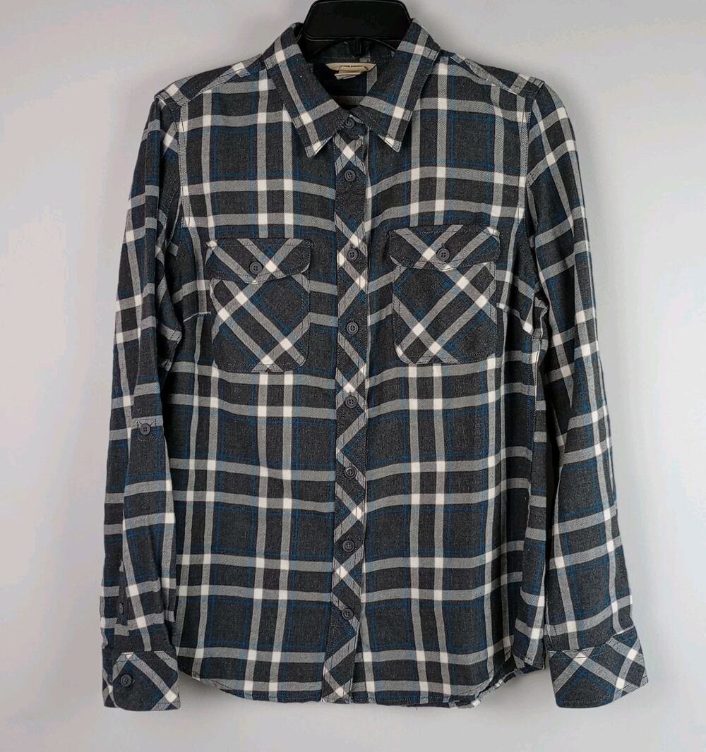 Duluth Trading Womens S Gray Blue White Long Sleeve Flannel Button Down Shirt